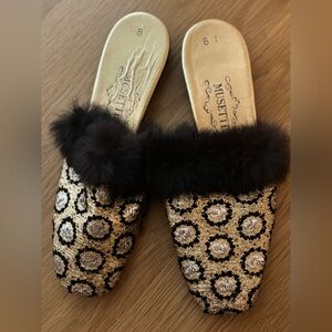 Musetti Gold Silver Fur Slipper Shoes